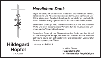 Traueranzeige von Hildegard Hoepfel von Pegnitz-Zeitung